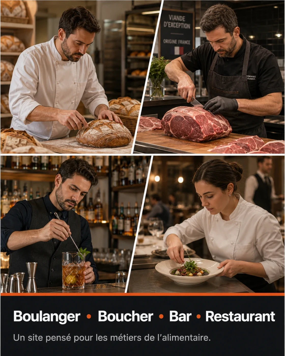 Boulanger, boucher, professionnel de bar et restauratrice en plein travail