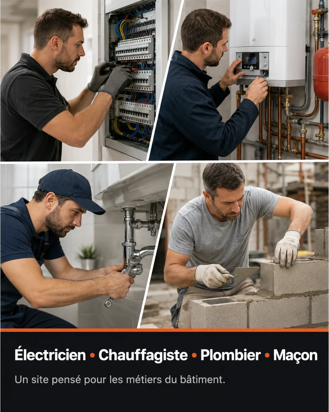 Électricien, chauffagiste, plombier et maçon en plein travail