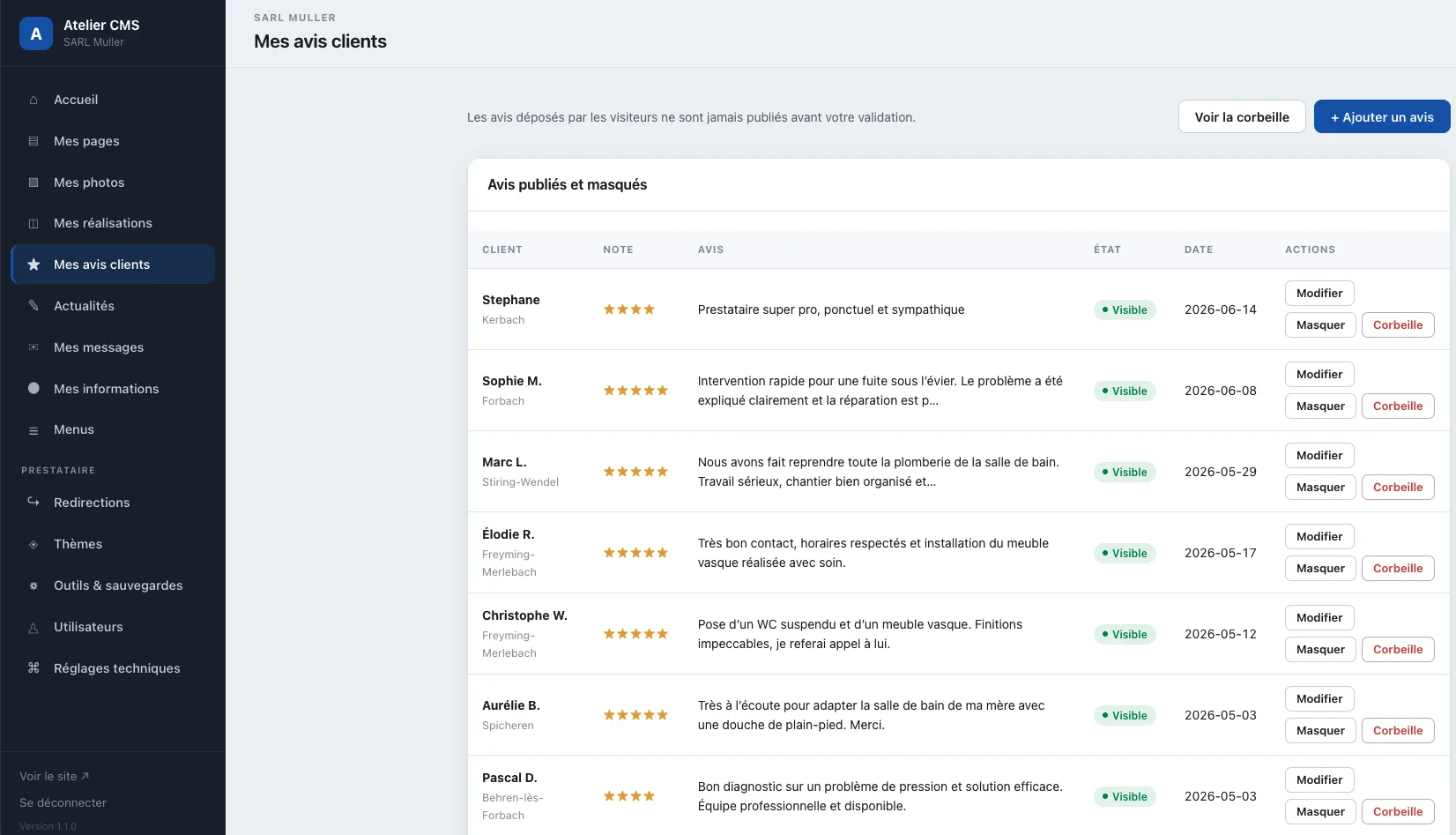 Liste des avis clients à valider ou à modifier