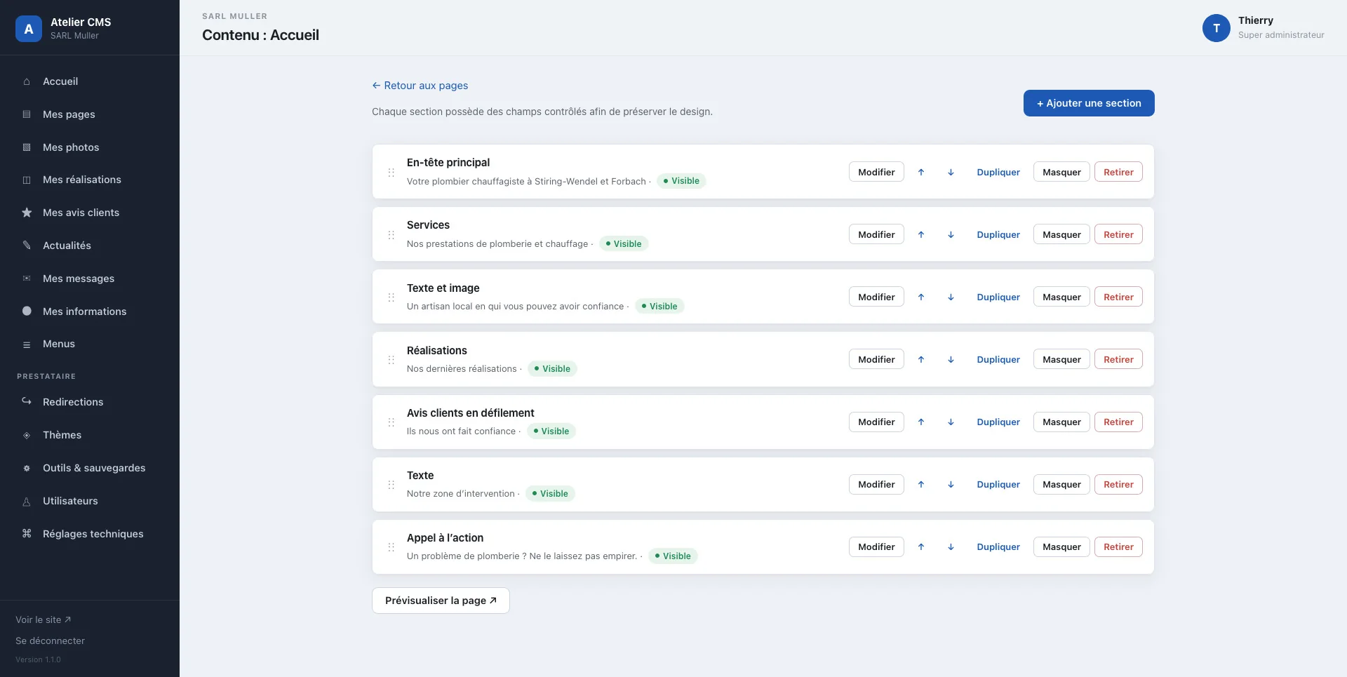 Liste des sections de contenu de la page d'accueil