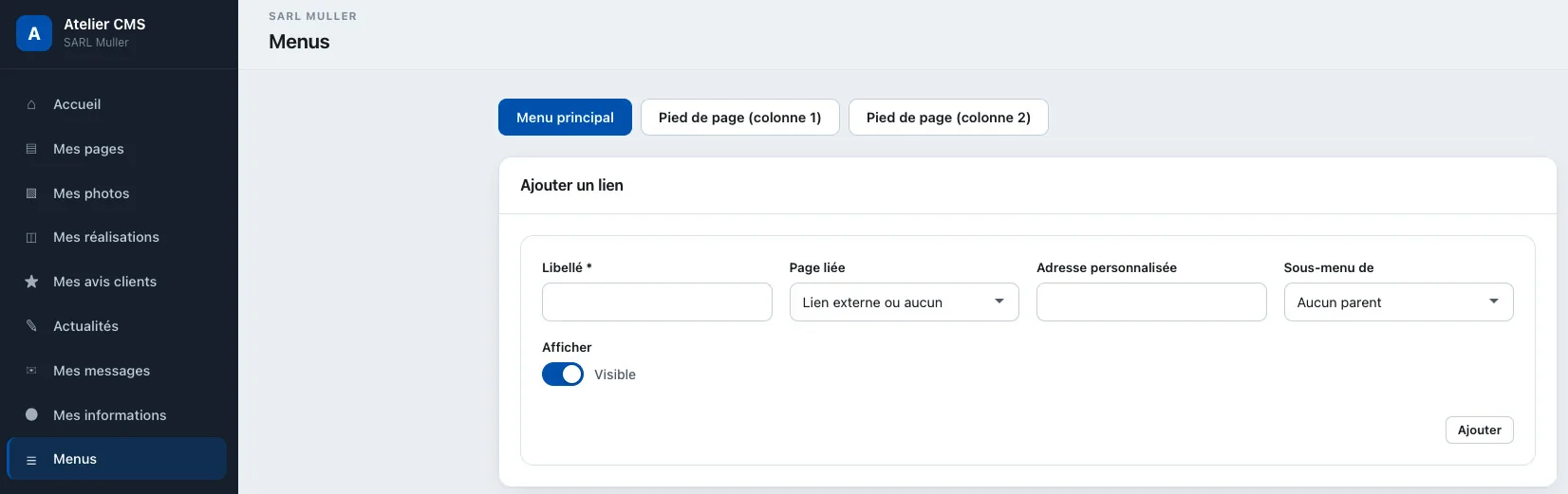 Gestion des liens du menu et du pied de page