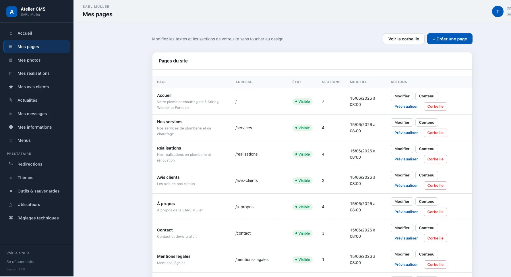 Liste des pages administrables