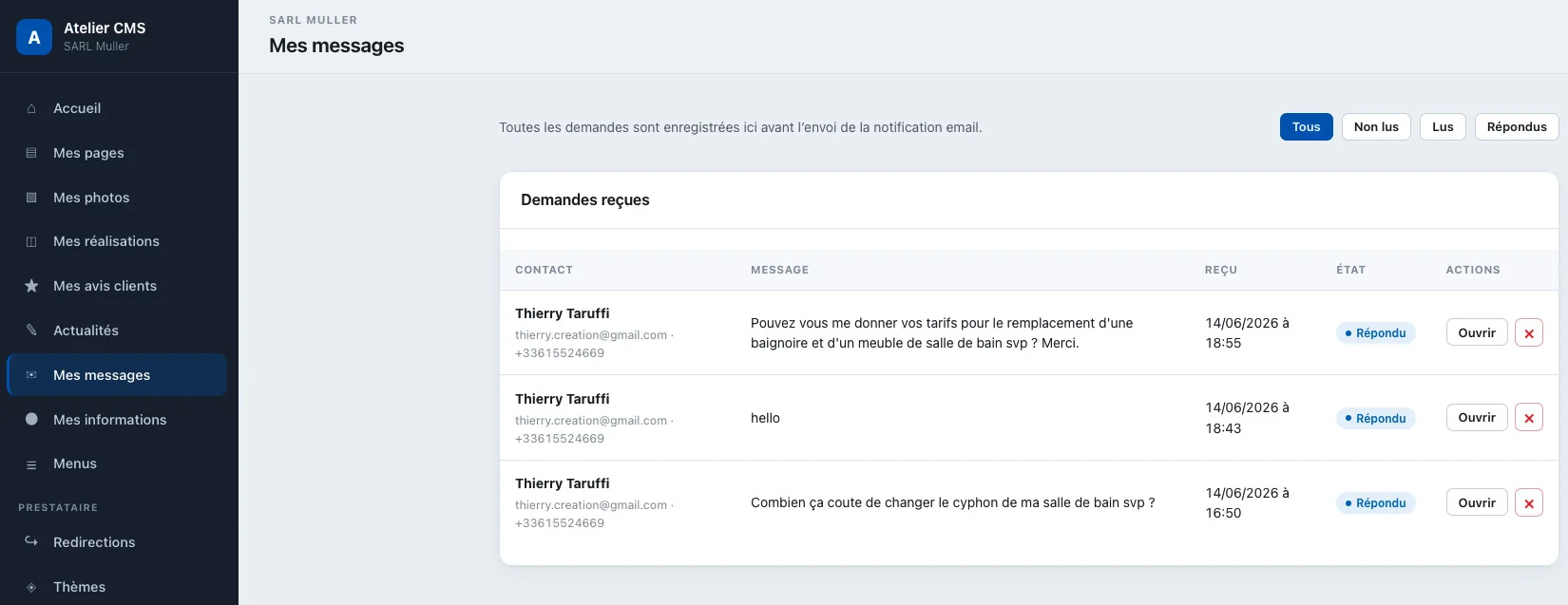 Demandes de contact reçues dans l'administration