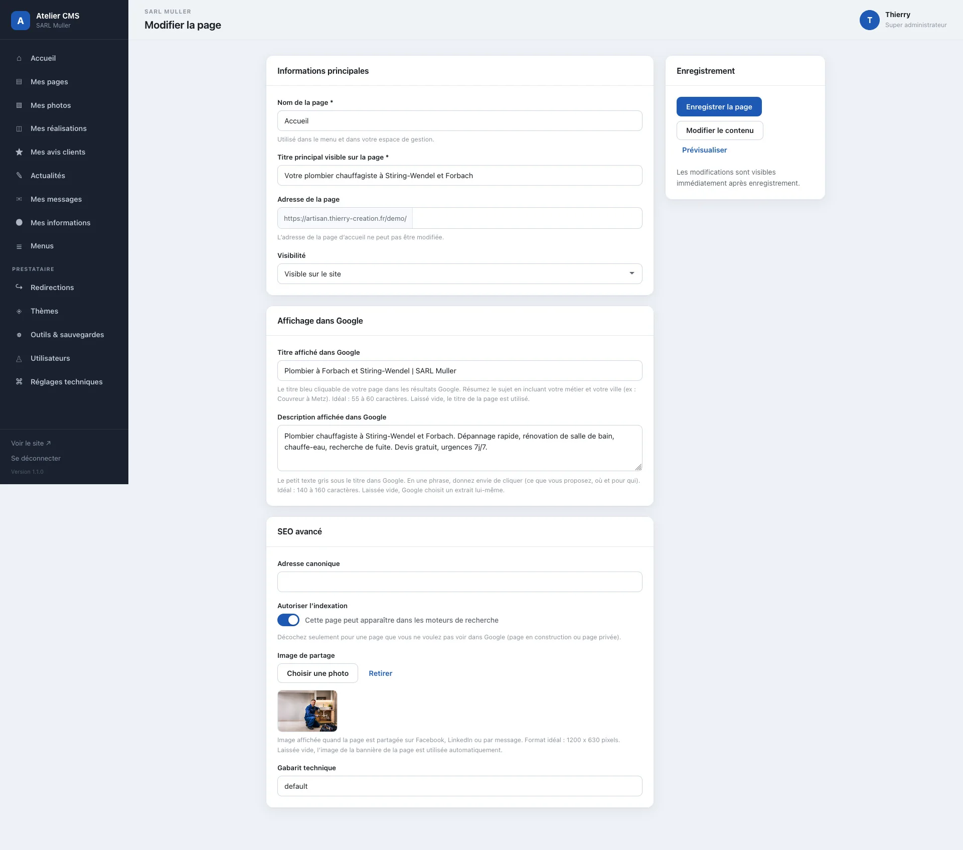 Formulaire de modification d'une page