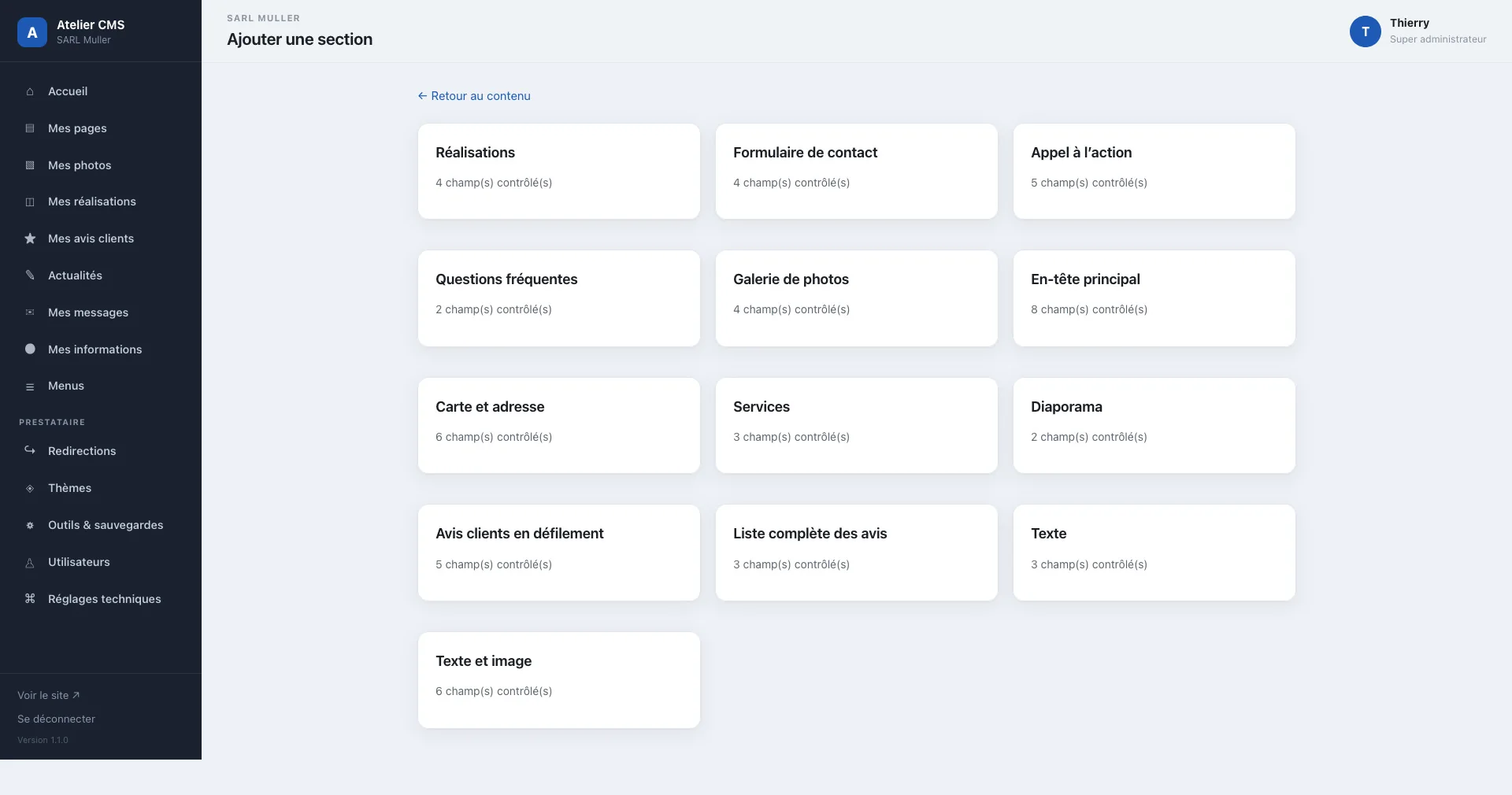 Choix des sections disponibles dans ARTISAN