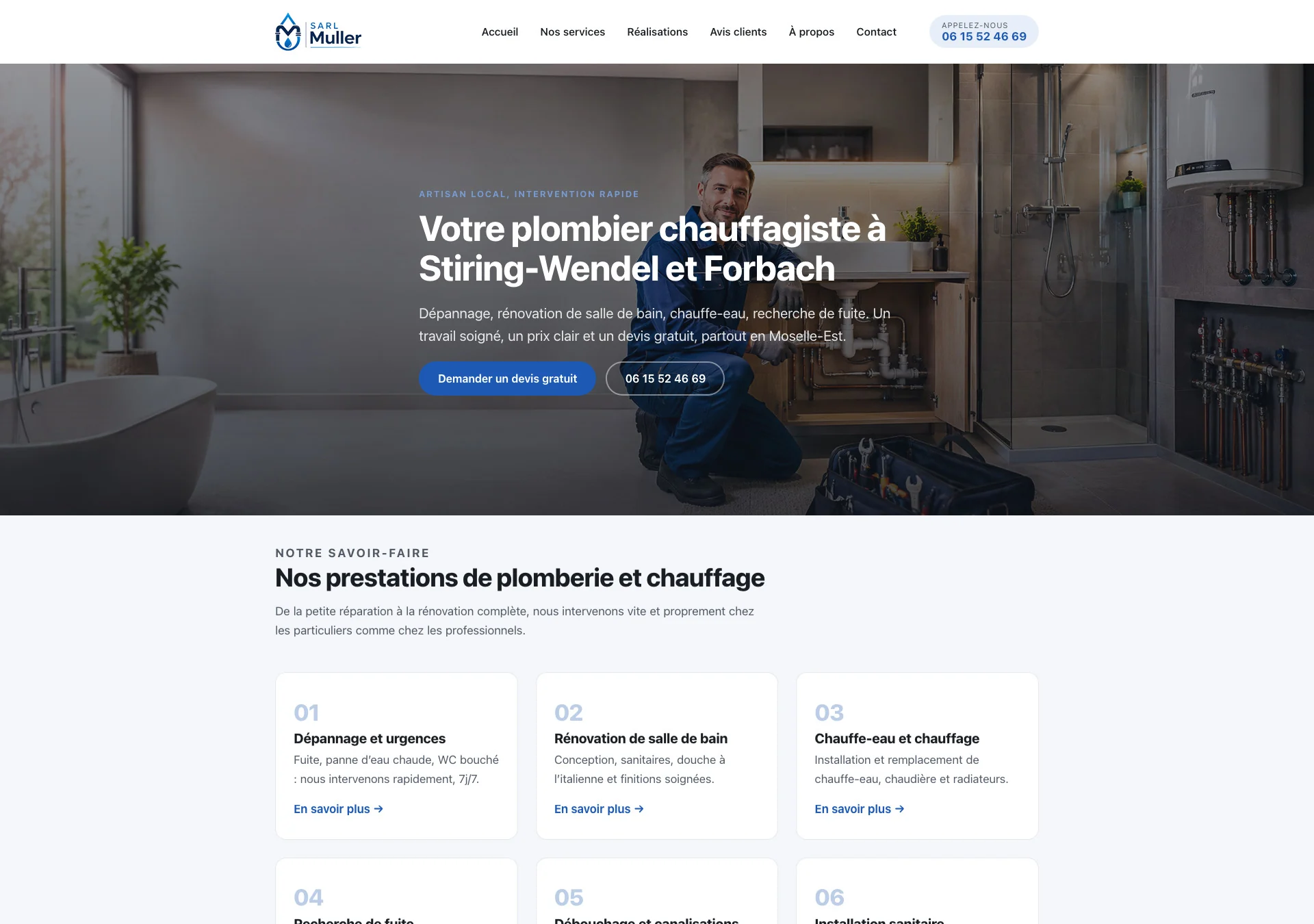 Aperçu de la page d'accueil d'un site de plombier créé avec ARTISAN