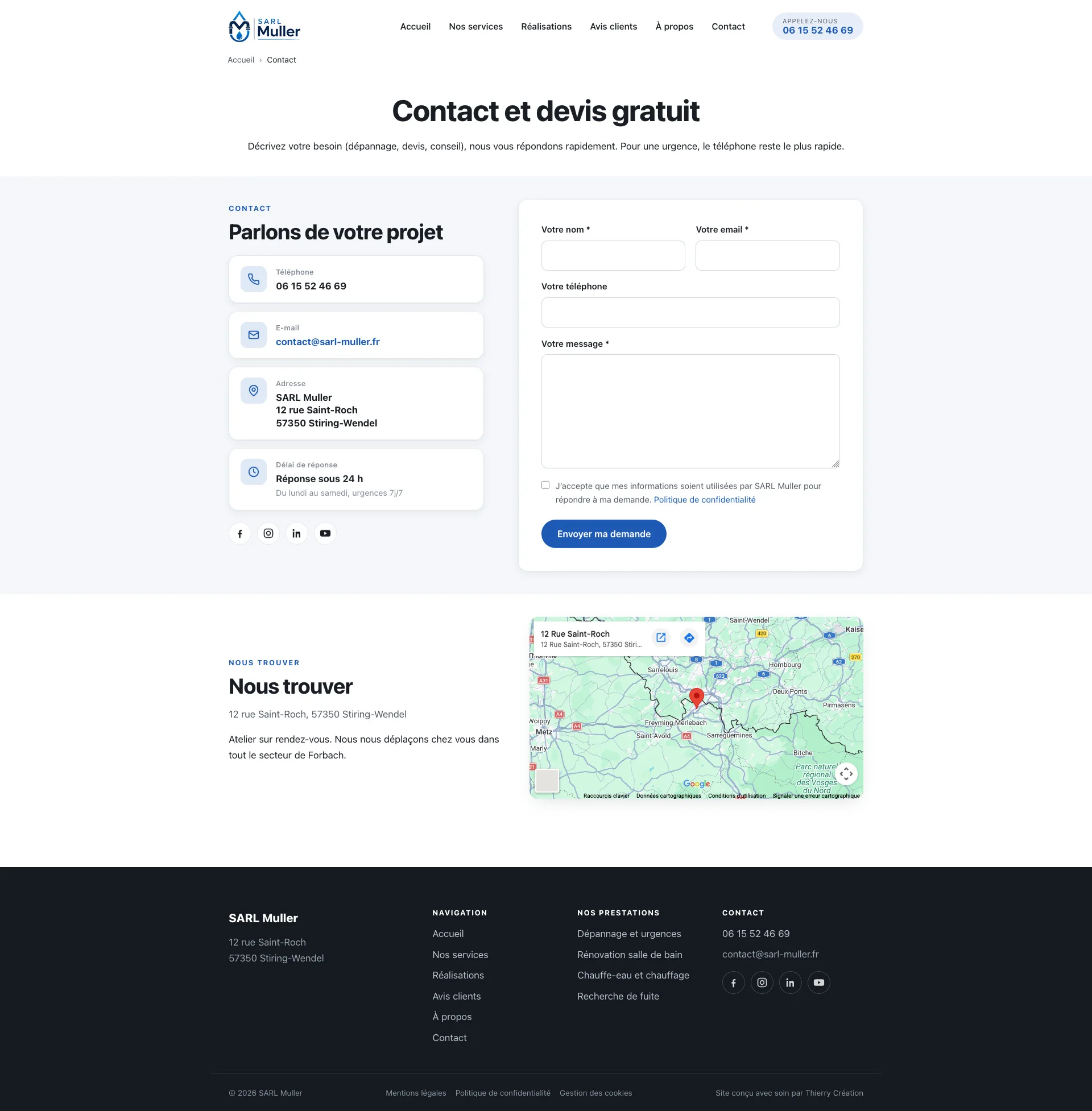 Page Contact avec formulaire et carte